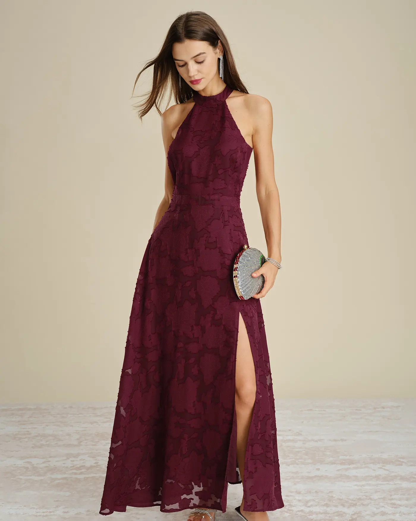 RIHOAS Women's Wine Red Mock Neck Sleeveless Bowknot Flower Jacquard Fitted Sheath A-Line Long Drape Formal Maxi Dress with Premium Fabric, Wedding Guest Dress
