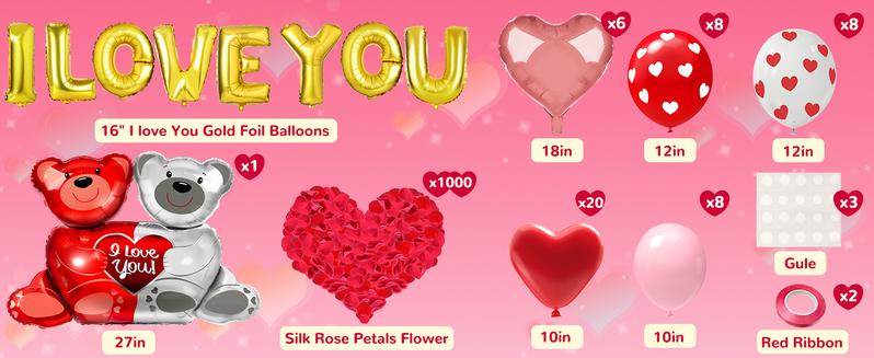 54PCS Valentine’s Day Heart Balloons Set with “I Love You” Foil Balloons, 1000 Silk Rose Petals & Hanging Decor for Wedding, Anniversary & Romantic Night Decorations