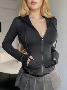 Women's Short Fit Hooded Sporty Sweatshirt, Zipper Neckline and Pockets, Waist Cinching Design, Casual Fashion for Daily Wear, Athletic Hoodies, Athletic Fashion Activewear