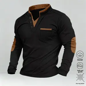 Men's versatile spring, autumn, and winter collar shirt with brown elbow details, faux two-piece design, layered knit classic golf shirt, stylish sports jacket, business casual party vacation travel men's top, polo shirt