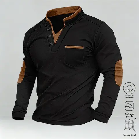 Men's versatile spring, autumn, and winter collar shirt with brown elbow details, faux two-piece design, layered knit classic golf shirt, stylish sports jacket, business casual party vacation travel men's top, polo shirt