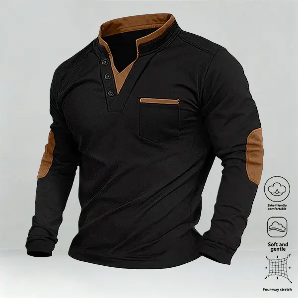Men's versatile spring, autumn, and winter collar shirt with brown elbow details, faux two-piece design, layered knit classic golf shirt, stylish sports jacket, business casual party vacation travel men's top, polo shirt