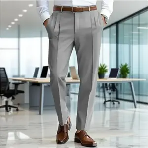 Men's business fashion slim fit solid color slanted pocket double pleated straight leg suit pants