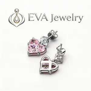 [EVA Jewelry]Pink Heart Earrings 925 Sterling Silver Synethic Moissanite Earrings