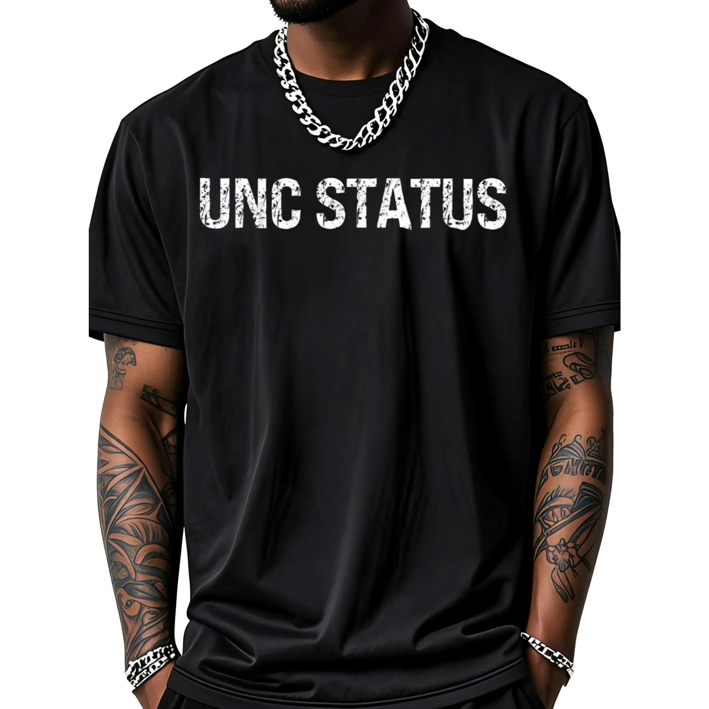 Unc Status White Distressed Text Print T-Shirt Unisex Clothing Streetwear