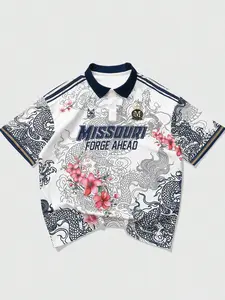 Vintage Sportswear Missouri Graphic Polo Jersey, Black Dragon & Pink Sakura Print Short Sleeve, Streetwear Oversized Fit Breathable Tee for It Girl OOTD, Casual Daily Wear & TikTok Viral Aesthetic Summer Top