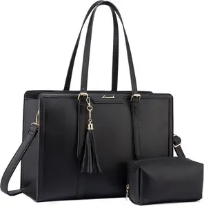 Laptop Tote Bag Women 15.6" | PU Leather Large Capacity + Clutch Purse | Work Business Travel School Office