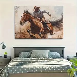 Western Cowboy Canvas Wall Art - Rustic Decor with Wooden Frame, Indoor/Outdoor Hanging, Bright Western Scene for Living Room, Bedroom, Office - Perfect Christmas, Independence Day, Valentine's Day Gift, Western Theme Home Wall Decor, Wrapped Canvas Frame
