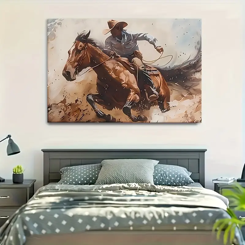 Western Cowboy Canvas Wall Art - Rustic Decor with Wooden Frame, Indoor/Outdoor Hanging, Bright Western Scene for Living Room, Bedroom, Office - Perfect Christmas, Independence Day, Valentine's Day Gift, Western Theme Home Wall Decor, Wrapped Canvas Frame