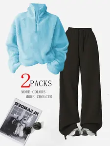 Women's Plush Half-Zip Sweatshirt Set, Long Sleeve Warm Fleece Pullover + Casual Straight Leg Pants, Fall Streetwear, Unisex