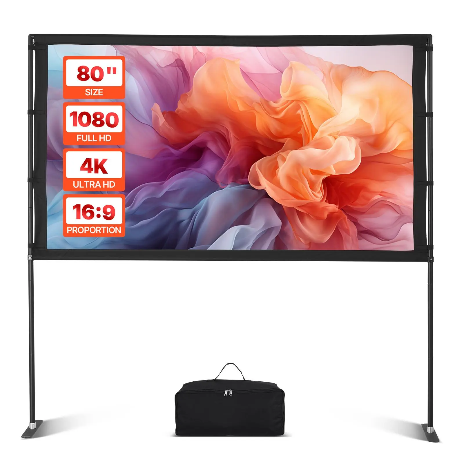 【Summerfinds】VEVOR Projector Screen with Stand80 Inch 160° Wide Angle Indoor Outdoor Projection Screen16:9 4K HD Wrinkleless Portable Dual-Stand Screens with Carry Bagfor Movie Home Theater Presentation