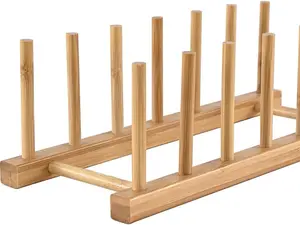 Bamboo Wooden Dish Rack, Vertical Plate & Lid Organizer for Kitchen Cabinet or Countertop, Drying Stand for Dishes, Cutting Boards