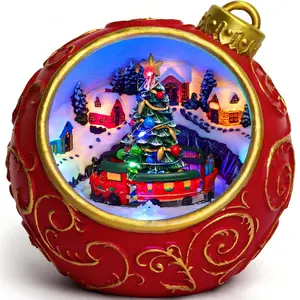 ISUNMEA Christmas Village Scene Animated Rotating Train LED Lights Christmas Decorations Music with Volume Adjustment USB/Battery Timer Collectible Buildings Figurines Globe Gifts