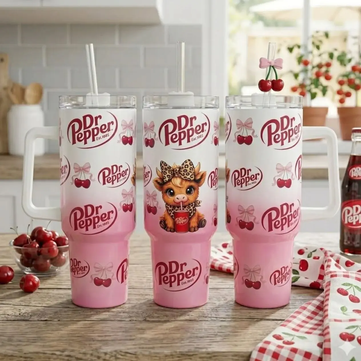 Dr.Pepper 40oz Insulated Tumbler with Handle - Cute Highland Cow Cherry Coquette Aesthetic-Stainless Steel Travel Cup for Iced Coffee & Soda