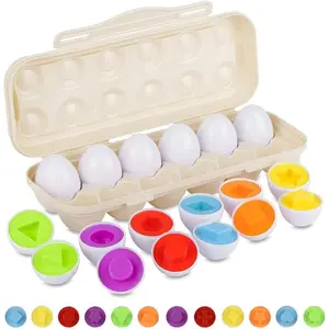 X-DB03 Matching Eggs Set with Beige Eggs Holder, Upgraded Toddler Egg Toys Learning Shapes and Colors Educational Puzzle Sorting Games Improve Motor Skills for Kids Easter Gift, 12 Eggs