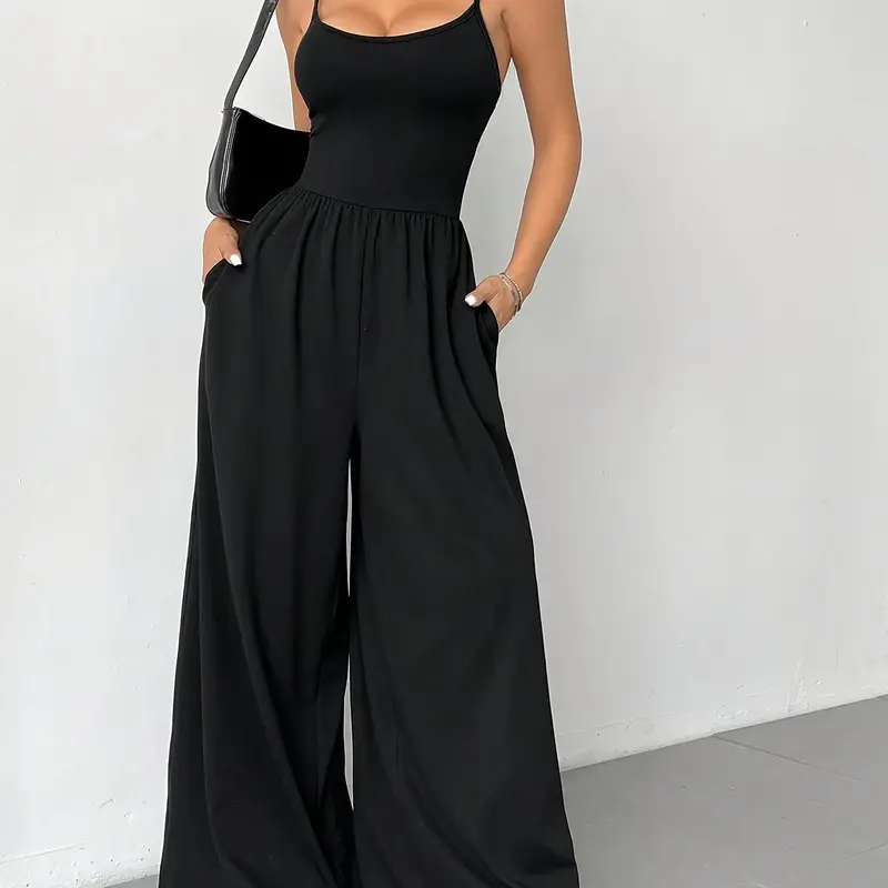 Women's Solid Wide Leg Minimalist Fit Jumpsuit, Casual Comfy Backless Sleeveless Spaghetti Strap Cami Jumpsuit for Daily Wear, Casual Fashion Jumpsuit, Ladies Clothes for All Seasons, Womenswear