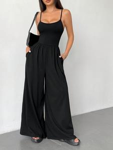 women's solid wide leg sleeveless jumpsuit, casual comfy backless cami jumpsuit for daily wear, ladies clothes for all seasons, womenswear, clothes for women