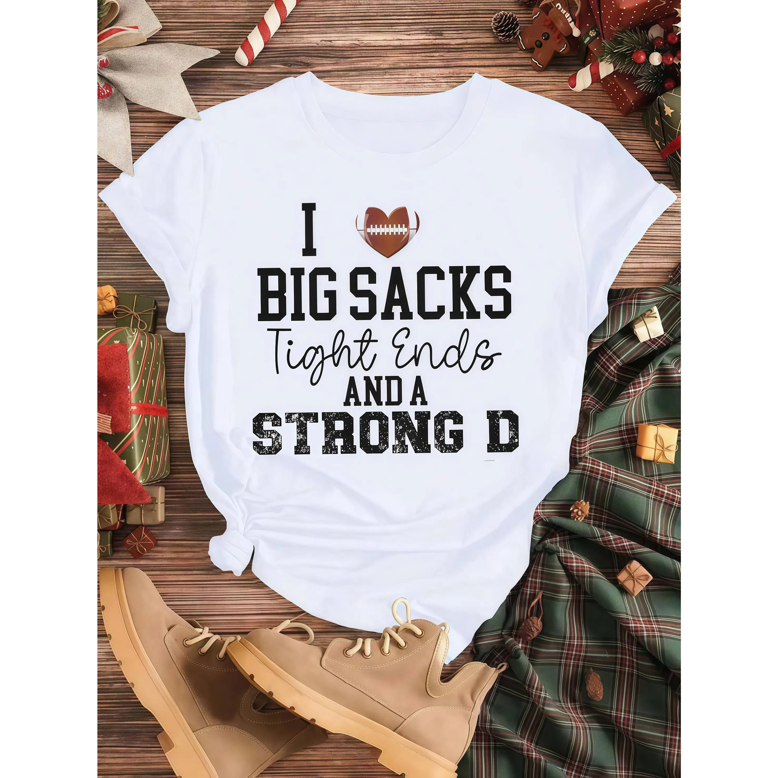 Men's 100% Cotton Casual Top, Shortsleeve Graphic Football Shirt with Funny "I Love Big Sacks, Tight Ends & A Strong D" Print, Novelty Gift for Him, Menswear, Tshirt, Garment, Unisex, Text Graphic, Football Print, Classic Fit, Fitted Cut
