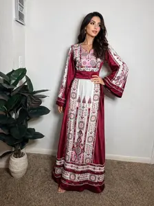 Women's Modest AL-Wurood Satin Floral Tatreez Embroidered Palestinian-Jordanian Long Sleeve 1-Piece Falahi Heritage Thobe with Rhinestone Shine