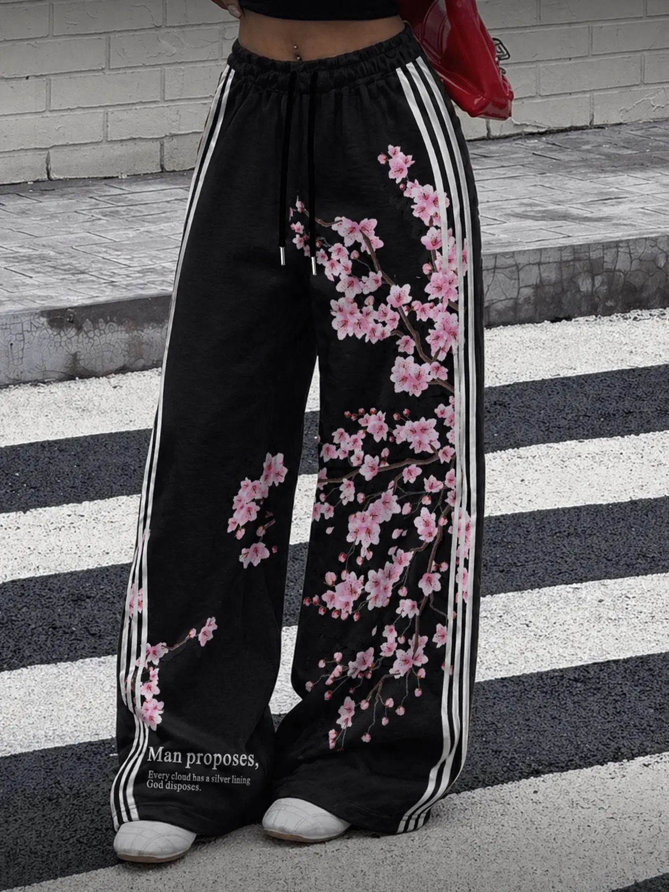 Women's Vintage Street Style Oversized Loose Baggy Straight Leg Sports Pants, Digital Print, Floral Cherry Blossom and Stripes, Casual All Season Long Pants, Streetwear