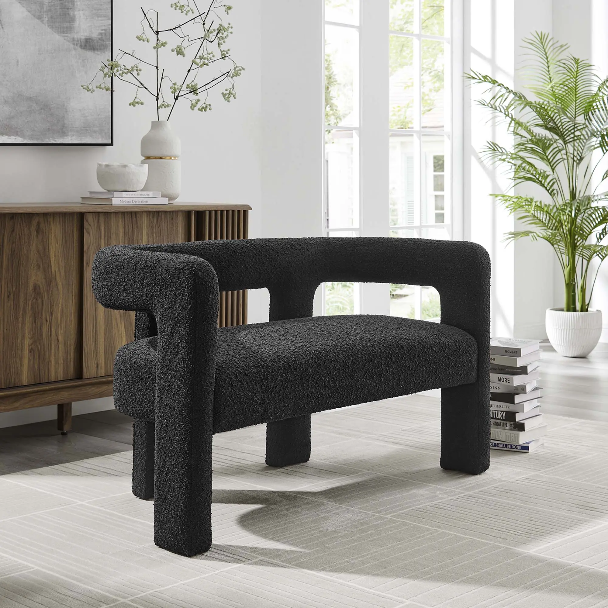 Kayla Boucle Upholstered Comfy Modern Design Sofa, Black Double Seat Living Room Indoor Furniture Loveseat, Double Seat Living Room Furniture