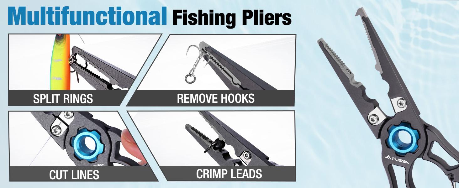 #backtoschool FLISSA Fishing Pliers, Safety Lock Design Fish Pliers Saltwater, Aluminum Hook Remover, Titanium 6Al-4V Jaw and Tungsten Carbide Line Cutters, Sheath & Lanyard, Fishing Gear Gifts for Men