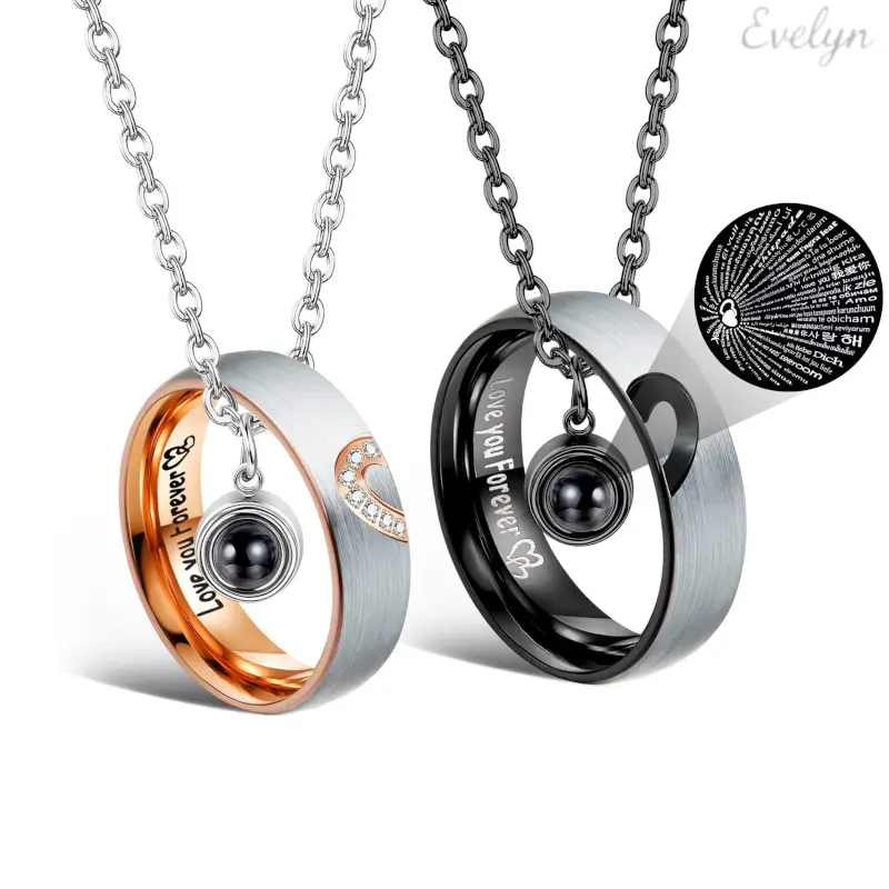 Couple's 2PCS Stainless Steel Rhinestone Pendant Necklaces with Adjustable Chain, 100-Language "I Love You" Projection, Romantic Anniversary Gift, Trendy Minimalist Daily Wear Accessory