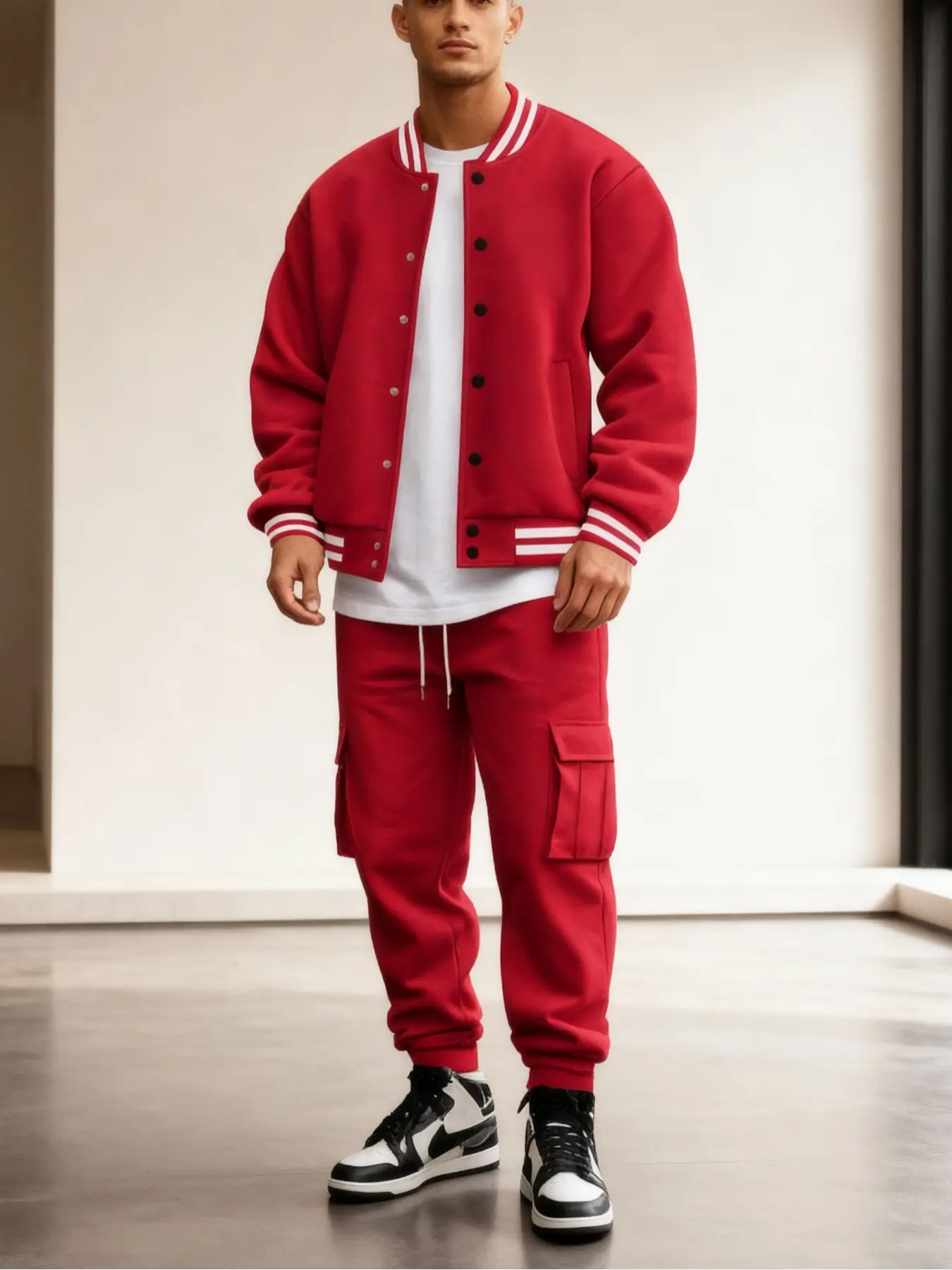 Men's Sportswear Casual Warm Fleece Two-Piece Set, Baseball Jacket with Multi-Pocket Cargo Pants, Fall & Winter Outdoor Clothing Tracksuit Set, Sport Outfit, Casual Athletic Clothing, Apparel Tracksuit