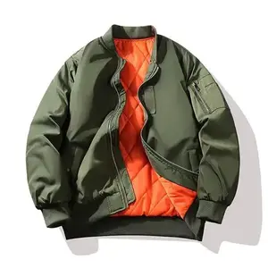Men's Vintage American Style Pilot Jacket - Winter Thickened Casual Coat, Olive Green, Orange Lining, Baseball Collar, Non-Stretch Polyester, Urban Street Fashion Menswear Tops jackets Long Sleeve Beige Plain western clothing jackets