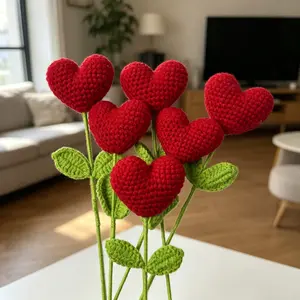 6Pcs Handmade Crochet Heart Bouquet, Yarn Handmade Love Flowers with Green Rhizomes, Perfect for Valentine's Day, Mother's Day, Graduation, Thanksgiving, Birthday Gifts and Special Occasion Gifts