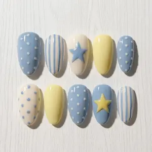 Italian Summer Press On Nails, Medium Almond Handmade Y2K Nail Art with Stars, Polka Dots & Stripes, Colorful Vacation Nails