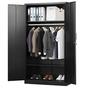 Modern Metal Steel Wardrobe Storage Rack with Lock - 72"x36"x18" Black Wardrobe Cabinet, Storage Furniture for Clothes, Linen Closet Organization, Ideal for Home & Gym