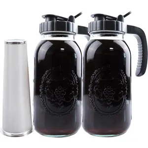 Cold Brew Coffee Maker Half Gallon 2 Set Glass Mason Jar Pitcher With Spout Lid Filter 2 Quart Wide Mouth Iced  Brewing Jug Heavy Duty Handle Airtight & Leak-Proof Pitcher For Fridge Sun  64 OZ