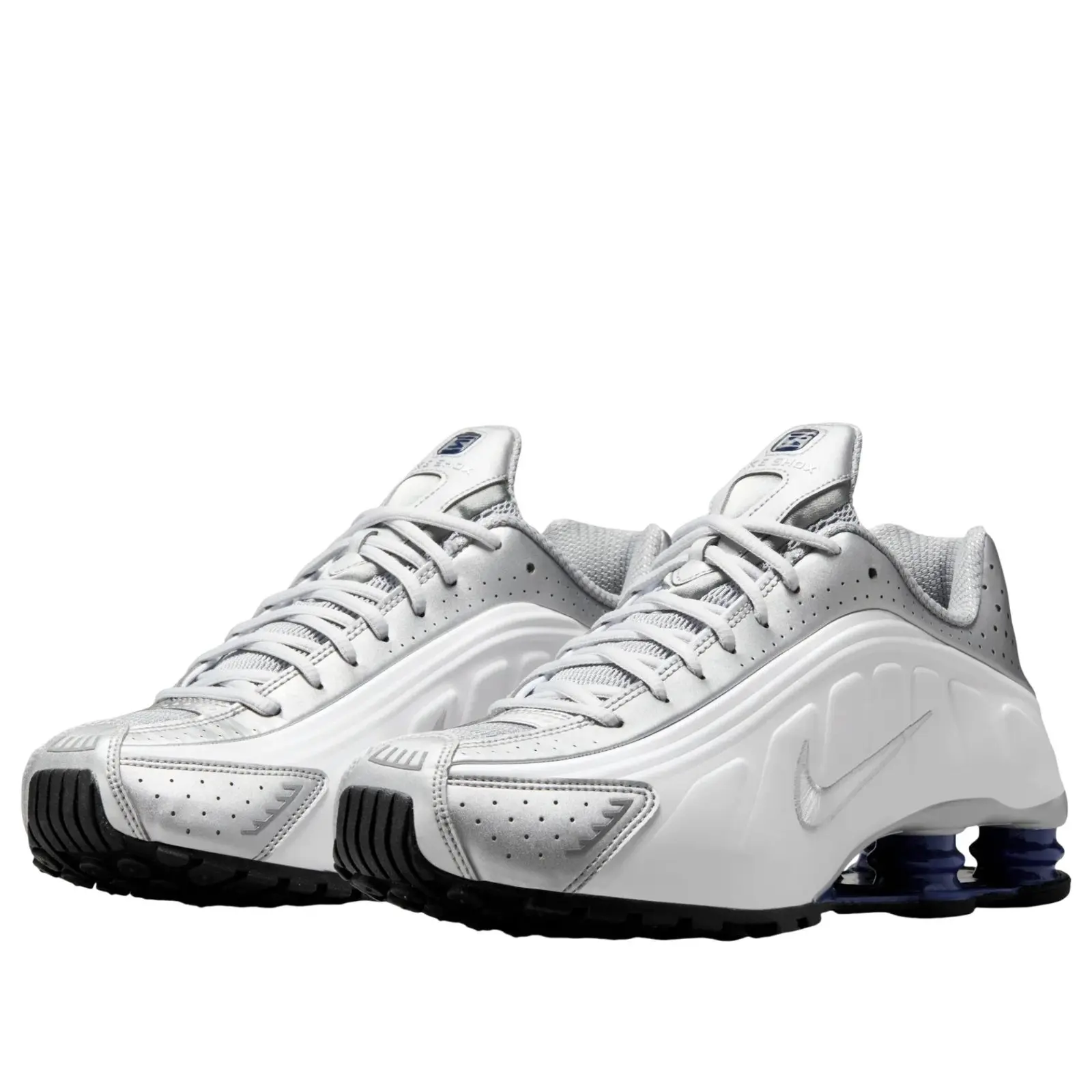 Nike Shox R4 Men's Sneakers White / Metallic Silver / Deep Royal Blue HQ1988-102 / Iconic Shox Cushioning / Classic Low-Top Design / Lace-Up Casual Shoes / Sporty Streetwear / Everyday Lifestyle Footwear / Retro-Inspired Style