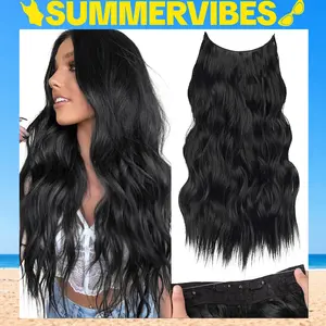 SummerVibes AISI HAIR 16/20/24 Inch Invisible Wire Synthetic Halo Hair Extensions Clip-On Long Wavy Hairpiece for Women Black Secure 4 Clips