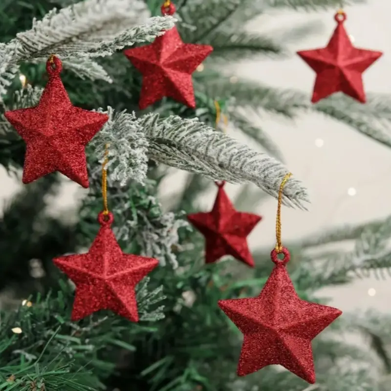 6 Piece Set Glitter Star Christmas Tree Decorations, No Plug Needed, Plastic Material, Perfect Holiday Party Supplies