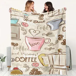 Sweet Coffee Heart Theme Flannel Blanket, Lightweight Soft, Romantic Pattern, Ideal for Coffee Lovers and Couples, Living Room and Date Rest