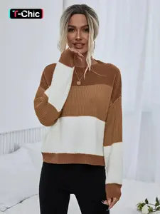 Women's Soft Faux Fur Striped Colorblock Sweater, Casual Round Neck Long Sleeve Drop Shoulder Pullover, Fall & Winter Fashion