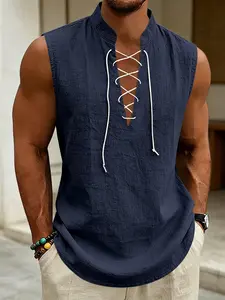 American Summer Loose Fit Men's Viking Medieval Drawstring Linen Breathable Sleeveless Vest Tank Top, Comfortable and Stylish Design for Men
