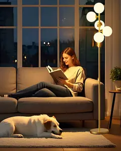 Dimmable Globe Floor Lamp Mid Century Modern Floor Lamp with 5Pcs 3000K Bulbs Included Brightness Adjustable Gold Standing Lamps with 5Lbs Heavy Base for Living Room/Bedroom/Sofa Beside