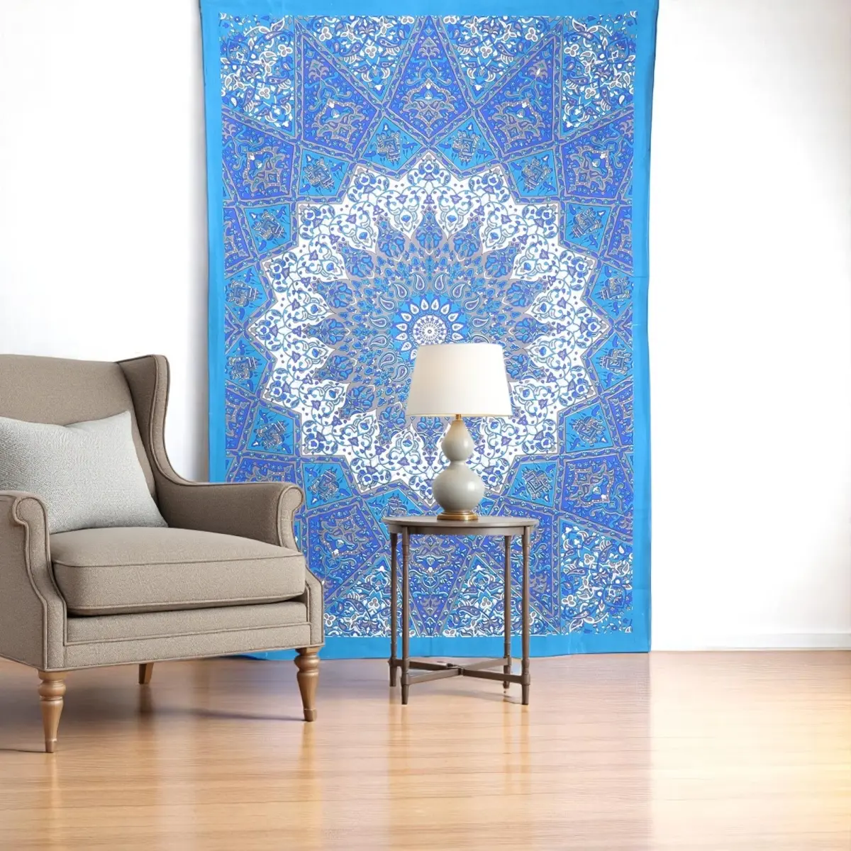 360 Stand Handmade Bohemian Blue Mandala Cotton Hanging Wall Tapestry - Large 80x56 in Rectangle, Indoor/Outdoor Wall & Table Home Decor Art, Wall Tapestries