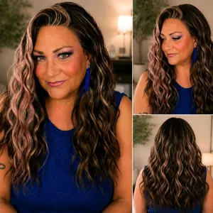 Watered Souls C1320209K Val  20" Waterwave.  brunette,warm blonde highlights,lavender money pieces. 13x4 lace, 3 combs, closed wefted, 2 adjustable straps, 1 removable band.  Heat friendly 360⁰ free gift with purchase.gift must be returned for full refund