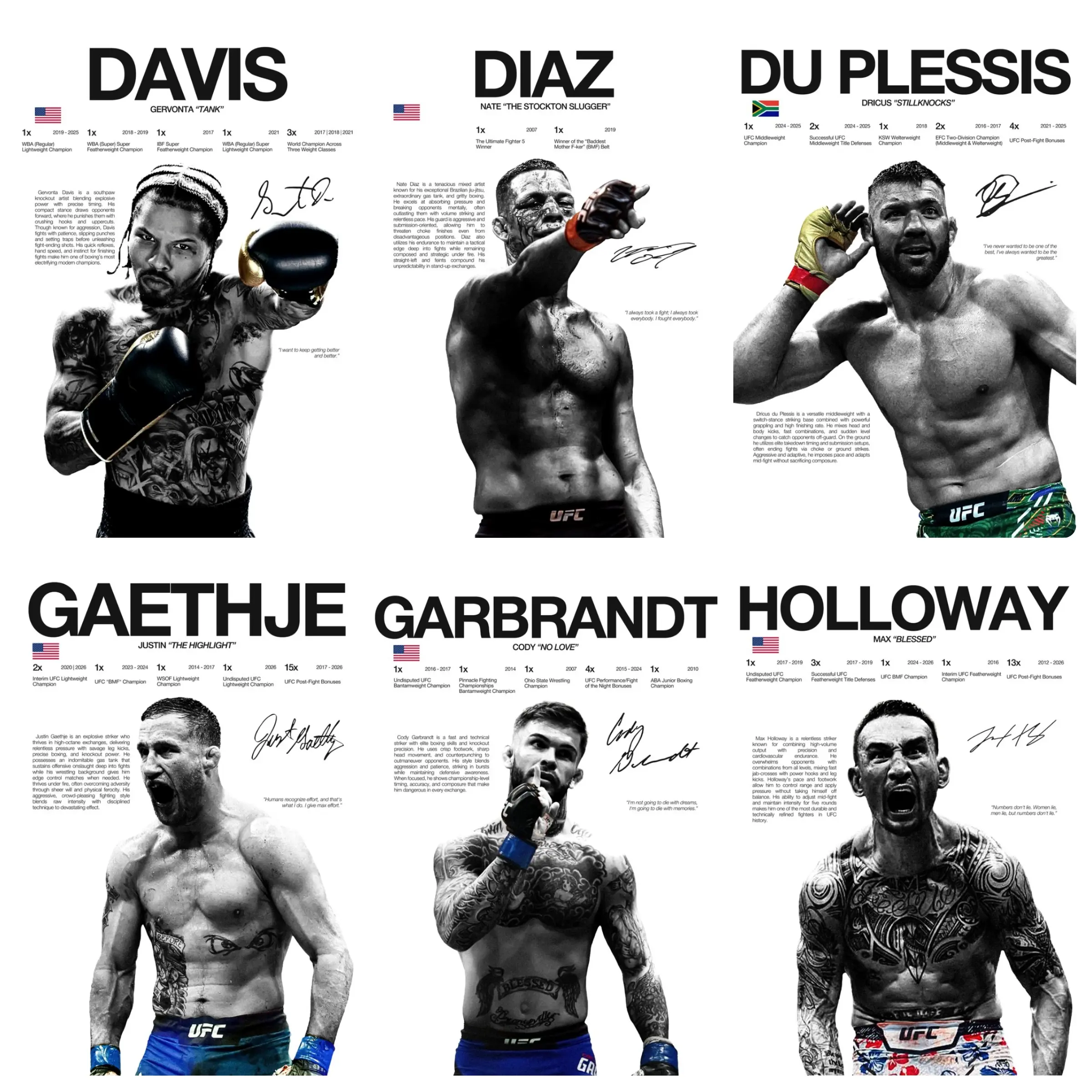 UFC star canvas poster, Davis, Diaz, Du Plessis, Gaethje, Garbrandt, Holloway signed style prints, MMA legendary fighter collection, decoration for gym, bedroom, dormitory, study room, must-have collectible for MMA fans