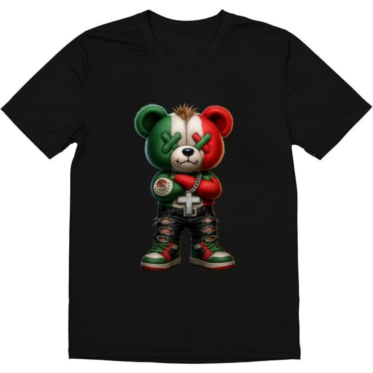 Fashion Designer T-Shirts Cotton Graphic Tees with Stylish Bear with Mexican Flag,Crewneck, Casual, Man Top Menswear Tee, Shortsleeve Black Tshirt