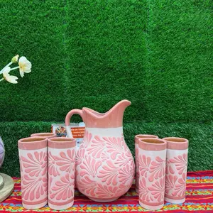 Relieve Pitcher Color Rosa Rosa Set Glass.