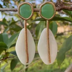 Waterdrop Seashell Gold & Green Statement Earrings - Perfect for Any Occasion