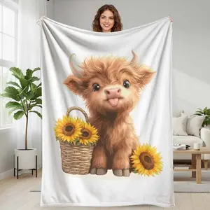 Cute Highland Cow Flannel Blanket  Sunflower Basket Print Design  Ultra Soft Warm Cozy Decorative Throw  Perfect for Bedroom Living Room Sofa Office Gift Home Décor