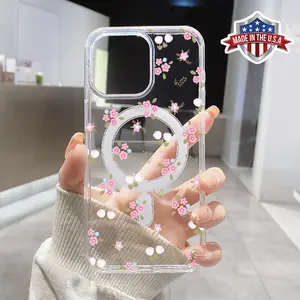 Little pink flowers Pattern Magnetic Phone Case Supports Wireless Charging for iPhone 15 16 14 Pro Max 13 12 11 XR XS Plus Shockproof Non Slip Protection Silicone Transparent Acrylic Large Hole Cover Cellphone Protective
