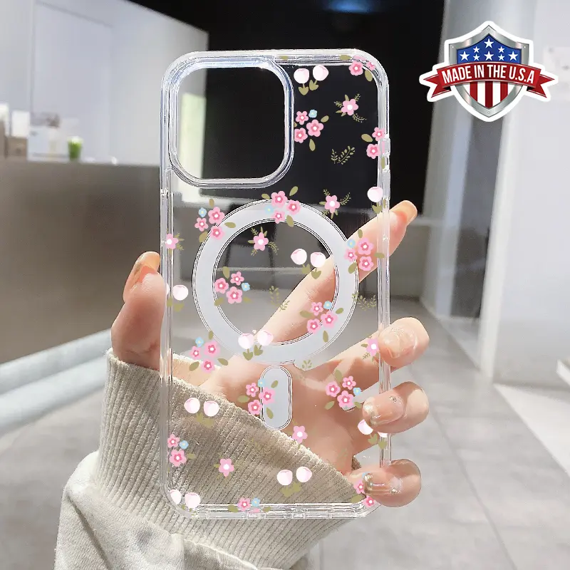Little pink flowers Pattern Magnetic Phone Case Supports Wireless Charging for iPhone 15 16 14 Pro Max 13 12 11 XR XS Plus Shockproof Non Slip Protection Silicone Transparent Acrylic Large Hole Cover Cellphone Protective