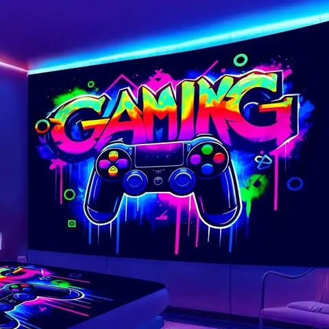 Game Controller Pattern Tapestry, UV Reactive Black Light Tapestry, Game Controller Neon Light Effect Wall Hanging, Bedroom Aesthetic Art Decoration Wall Tapestries